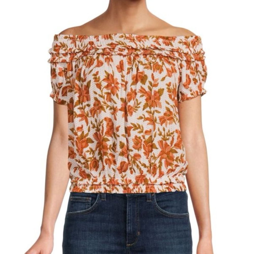 FP ONE Suki Smocked Off Shoulder Floral White Top Sz M Spring Summer Boho Hippie